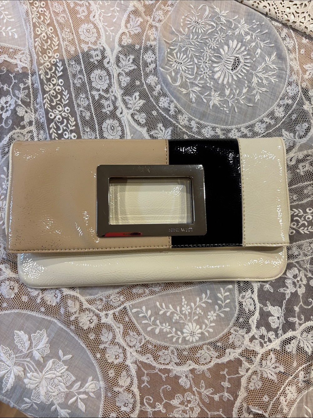 Nine West Colorblock Patent Leather Clutch in Beige, Black, Cream